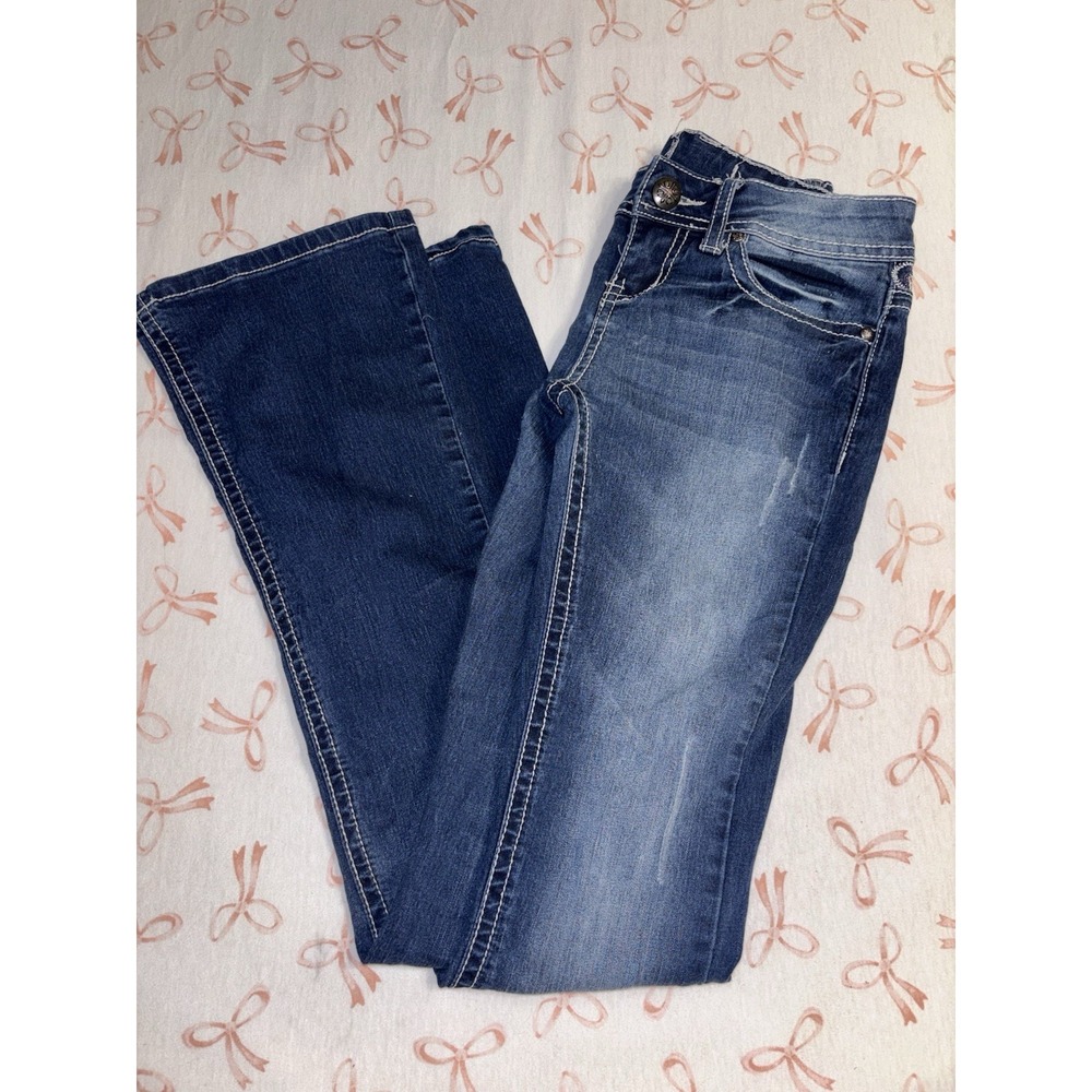 Soundgirl Women's Blue Bootcut Jeans Low Rise Medium Wash Embroidered Studded